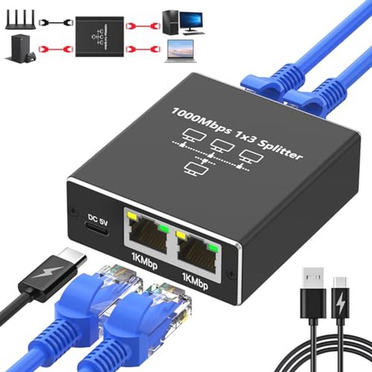 Ethernet Splitter 1 op 3 - Gigabit 1000 Mbps RJ45 LAN Met USB-C Stroomkabel