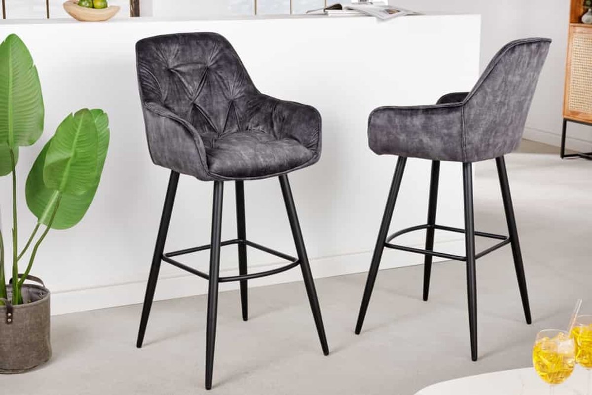 Design barkruk MILANO grijs fluwelen barstoel met Chesterfield quilting - 41957