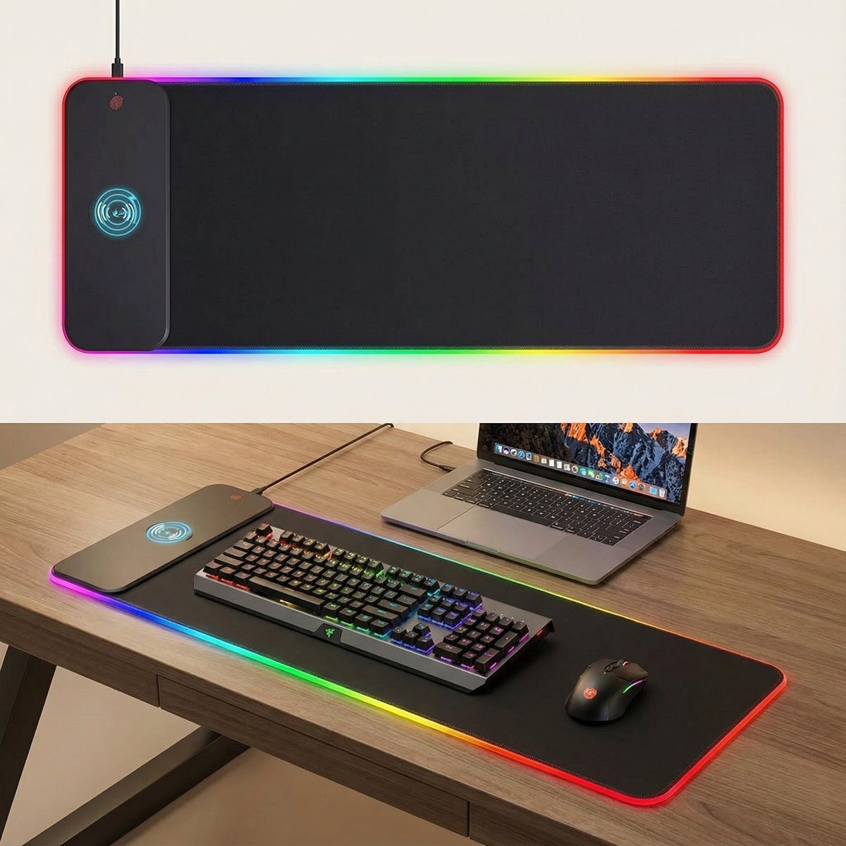 Gaming muismat XXL – RGB verlichte muismat – 15W draadloos opladen – Grote bureau onderlegger – muismat voor gaming en werken