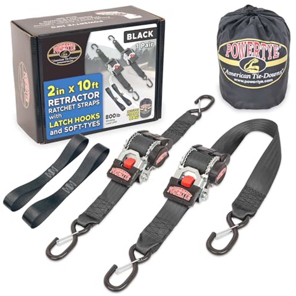 Zware 2" x 10ft intrekbare ratel tie-downs met grendel haken - 800 lbs werkbelasting limiet - zwart (paar)