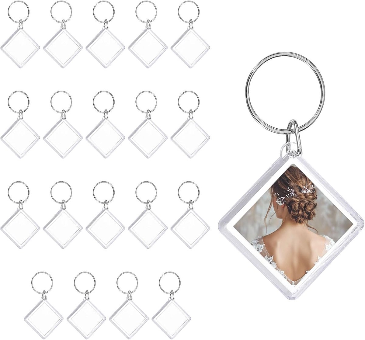 Famanu 20 Stuks Transparante sleutelhanger-fotolijstjes 3,5x3,5 cm WIT