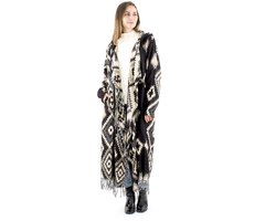 Lange Dames Hooded Cardigan – Boho Aztec Print – Warme Zachte Duster Jas met Capuchon & Franjes