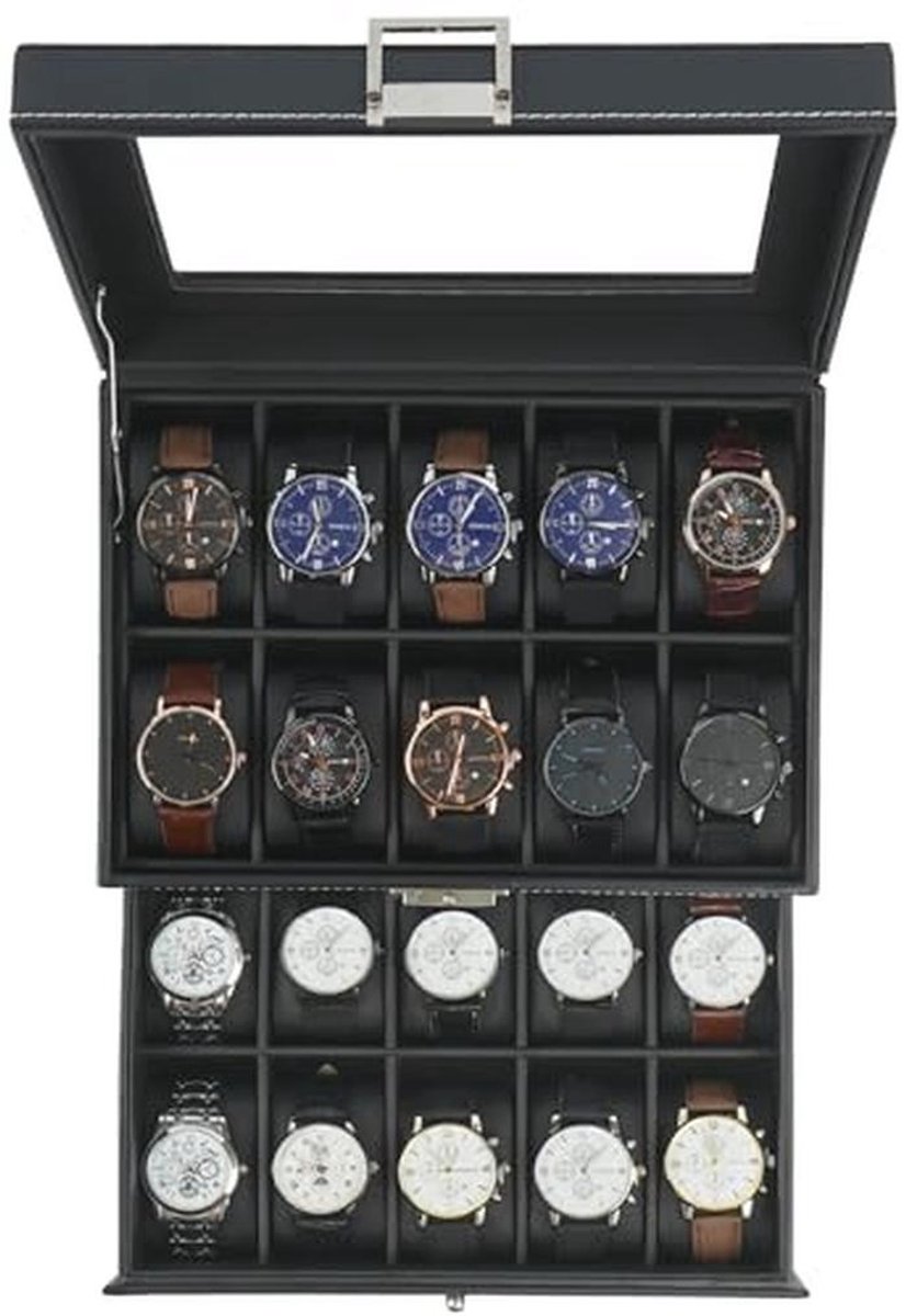 Kijkdoos met 20 Slots - Luxe Opberger voor Horloges met Glazen Deksel - 2 Laags, Lockable en Ruim
