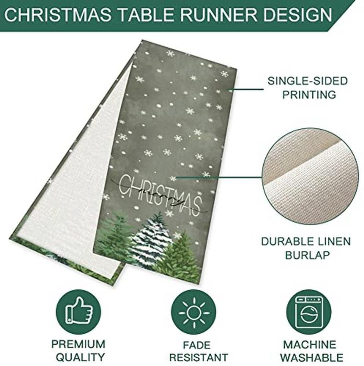 Kerst tafelloper linnenlook 33 x 183 cm - Afwasbaar tafelkleed voor winterse decoratie