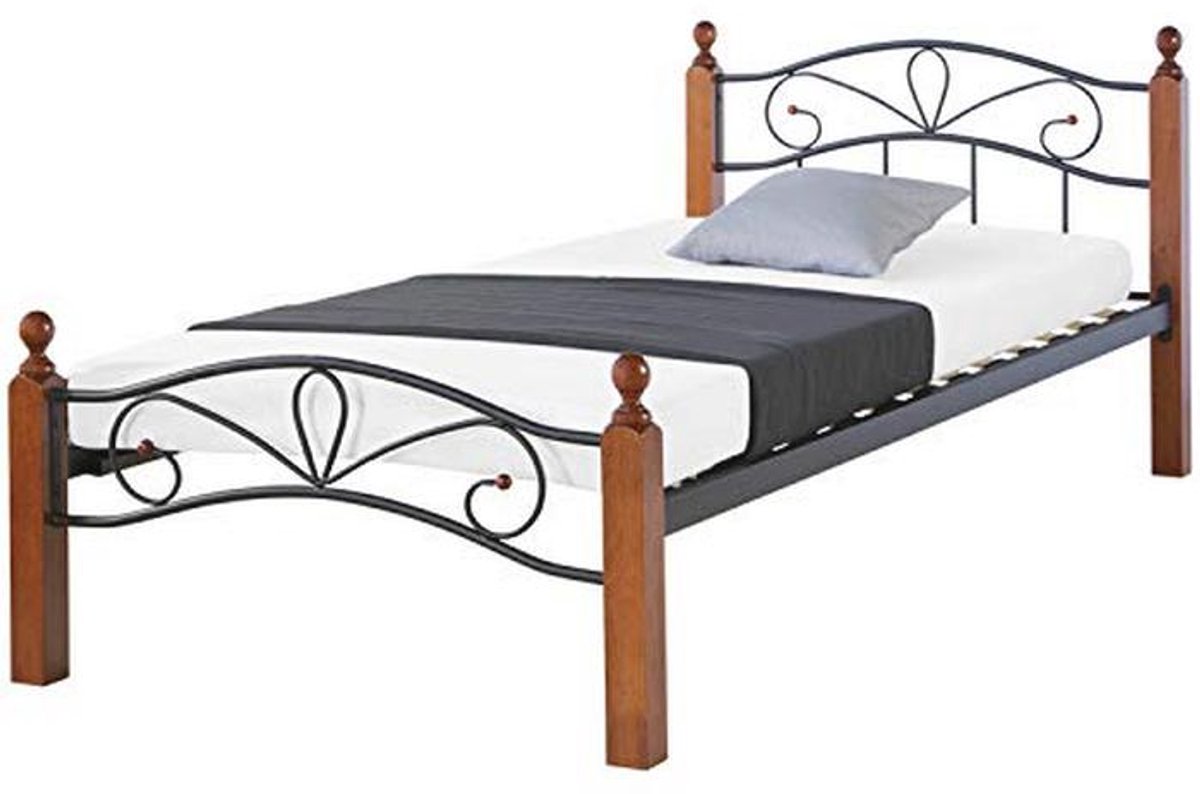 Metalen Bed 90x200 met Lattenbodem in Zwart-Bruin