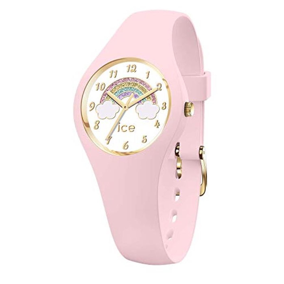 Roze meisjeshorloge met silicone band en regenboog glitter