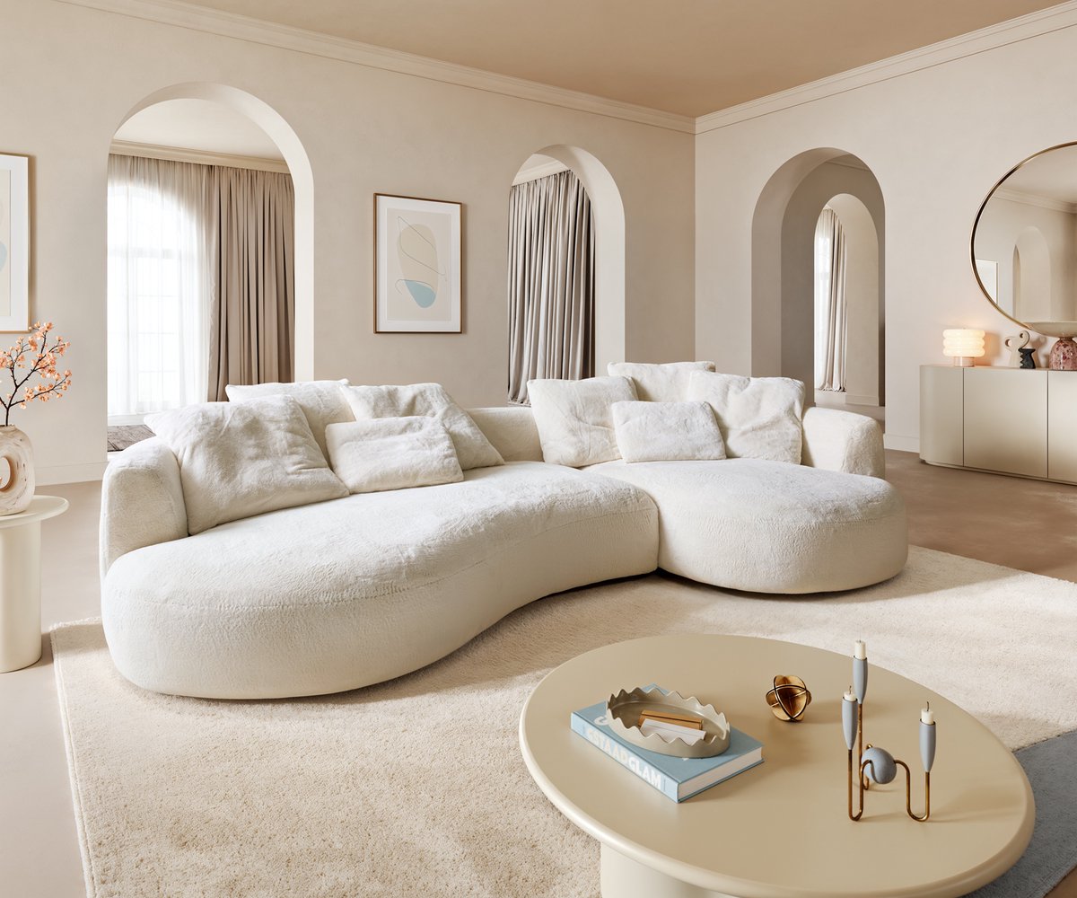 DELIFE Big-Sofa Edina Pluche crème-wit 330x170 cm Creme-Weiß