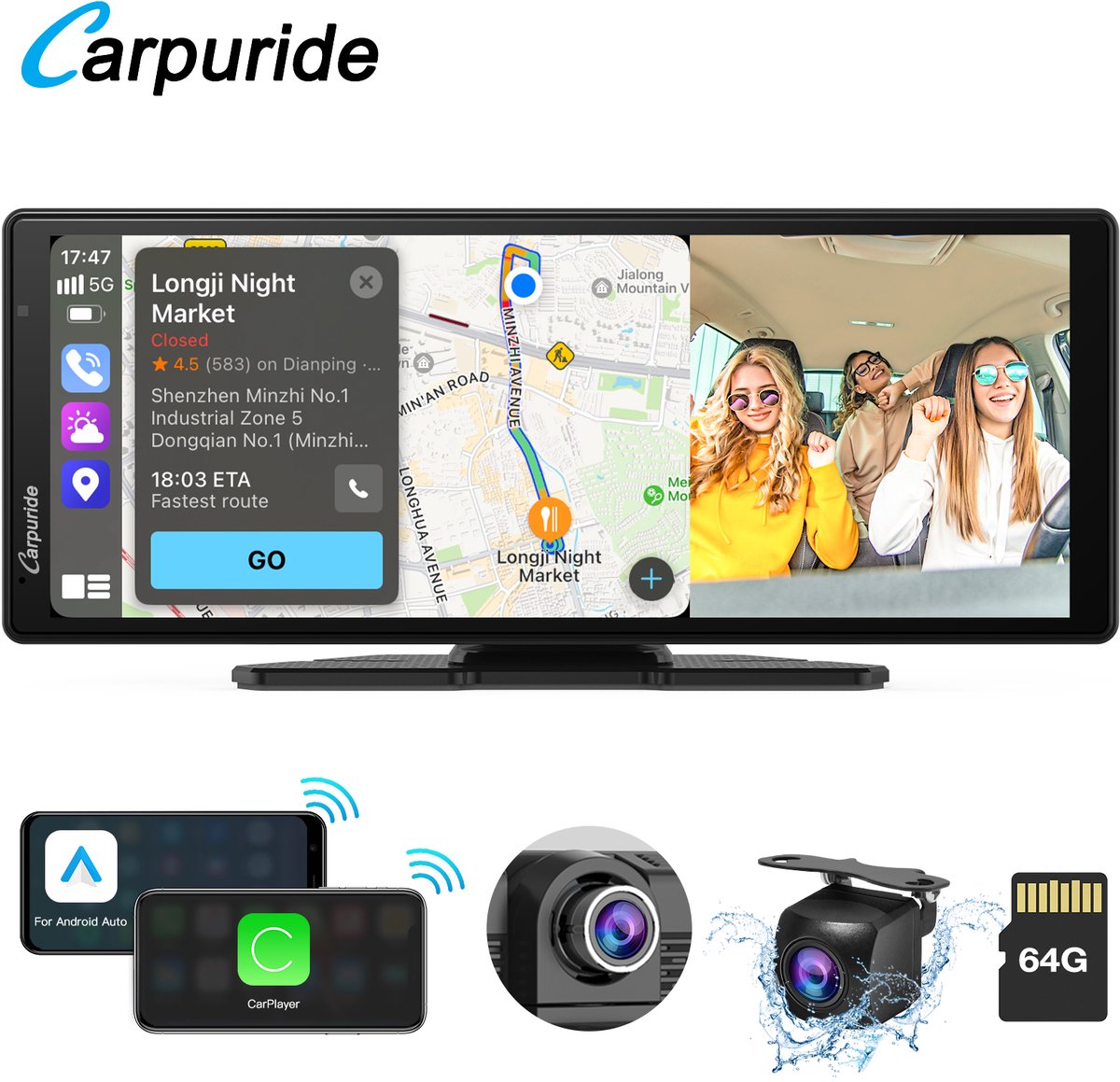 Carpuride W903 Draagbaar CarPlay-scherm met dashcam-scherm HD IPS 9,3, 4K-camera voor en achter, draadloze CarPlay en Android Auto, lusopname, Bluetooth, Mirror Link, GPS, Siri, montage op dashboard