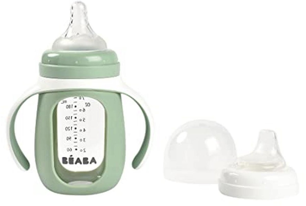 2-in-1 drinkbeker en fles van glas met siliconen hoes en handgrepen - 100% waterdicht, 210 ml, saliegroen