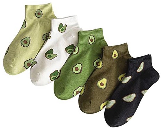 Vijf paar korte sokken in groen, lichtgroen, wit, donkergroen en zwart, bedrukt met avocado's.