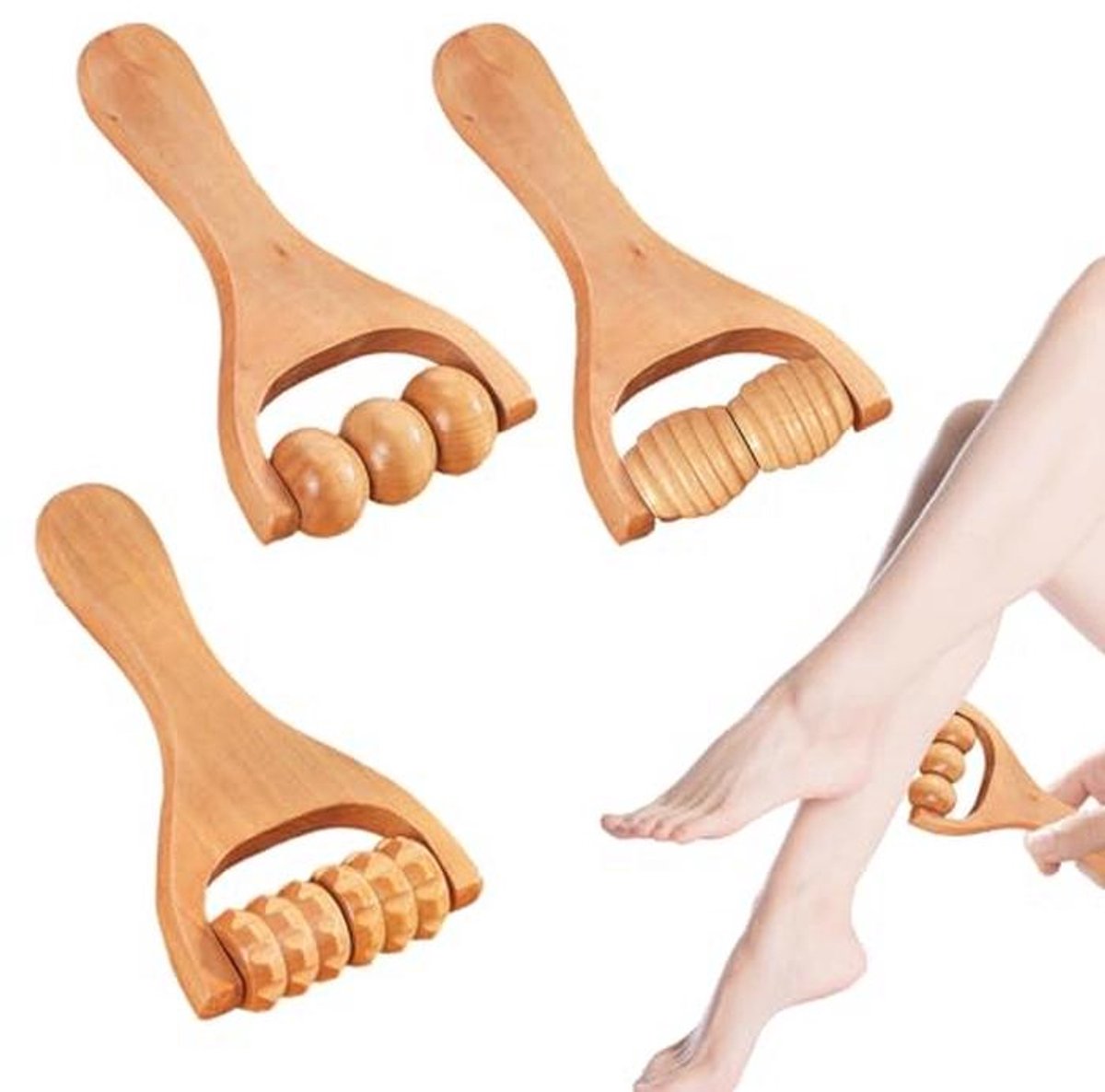 Houten Massagegereedschappen voor Spierontspanning - Set van 3 Handmatige Massagerollers