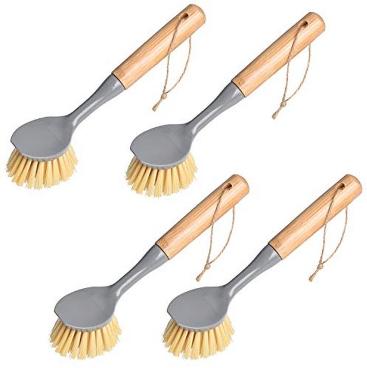 4 Stuks Lange Handvat Schotel Borstel met Bamboe Handvat en Varkenshaar Scrubber