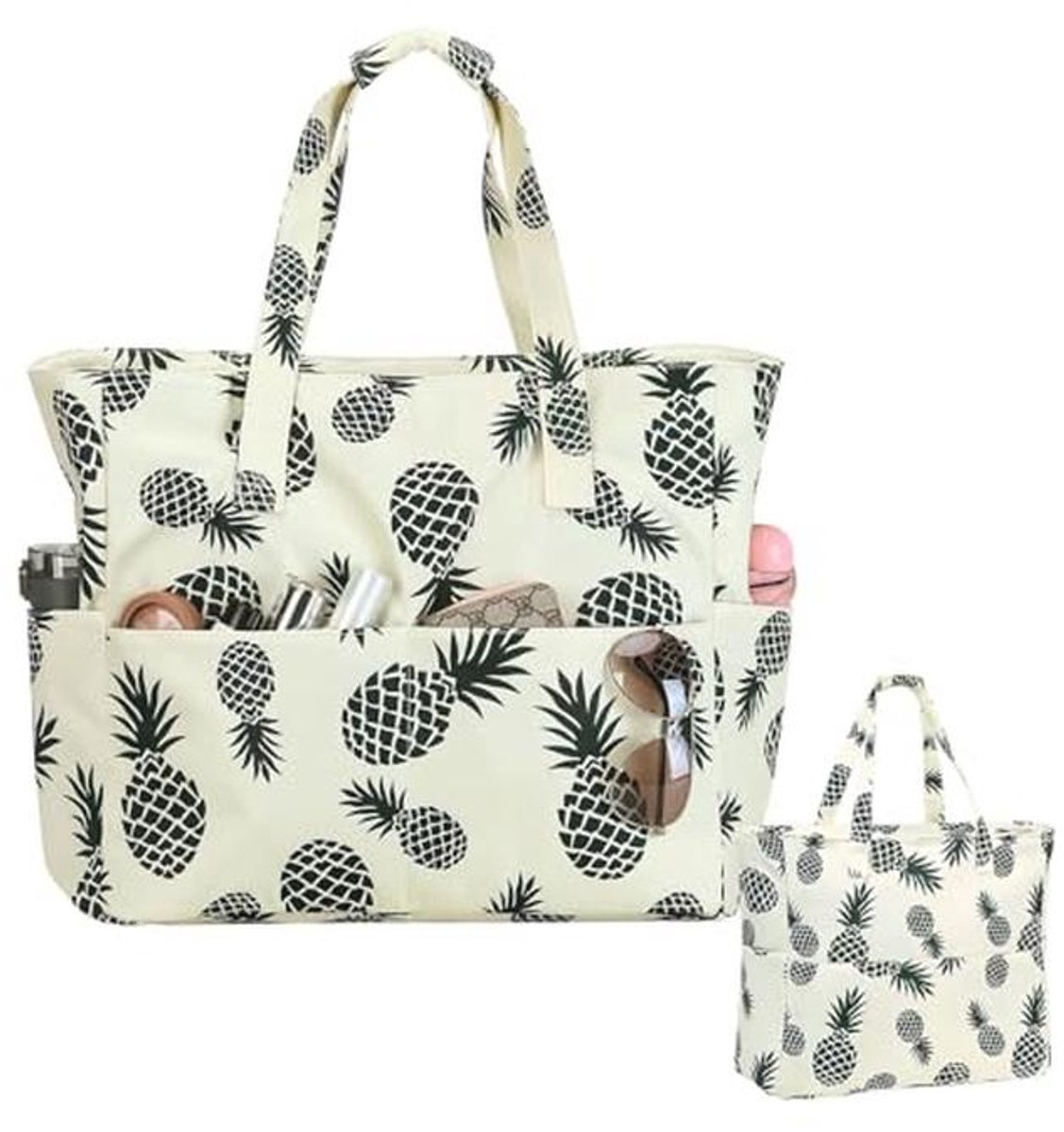 Grote Opvouwbare Strandtas voor Dames met Ritssluiting - Ruime Canvas Handtas met Ananaspatroon in Groen