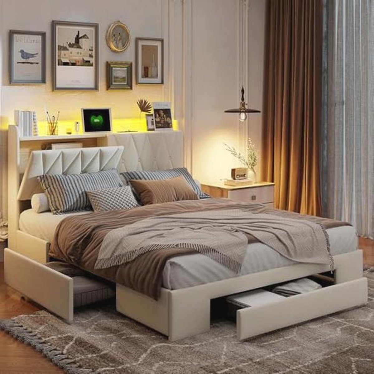 Tweepersoonsbed met 3 Laden en LED Verlichting - 160x200 cm Fluwelen Hoofdbord