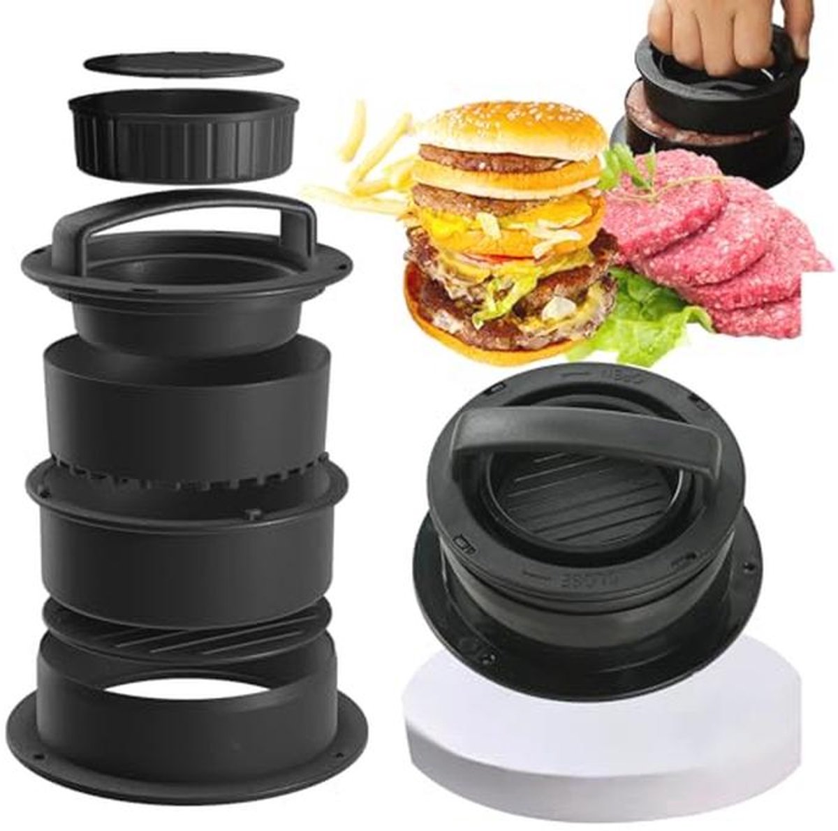 3-in-1 Hamburgerpers Set met 100 Vellen Bakpapier en Diverse Patty Maten