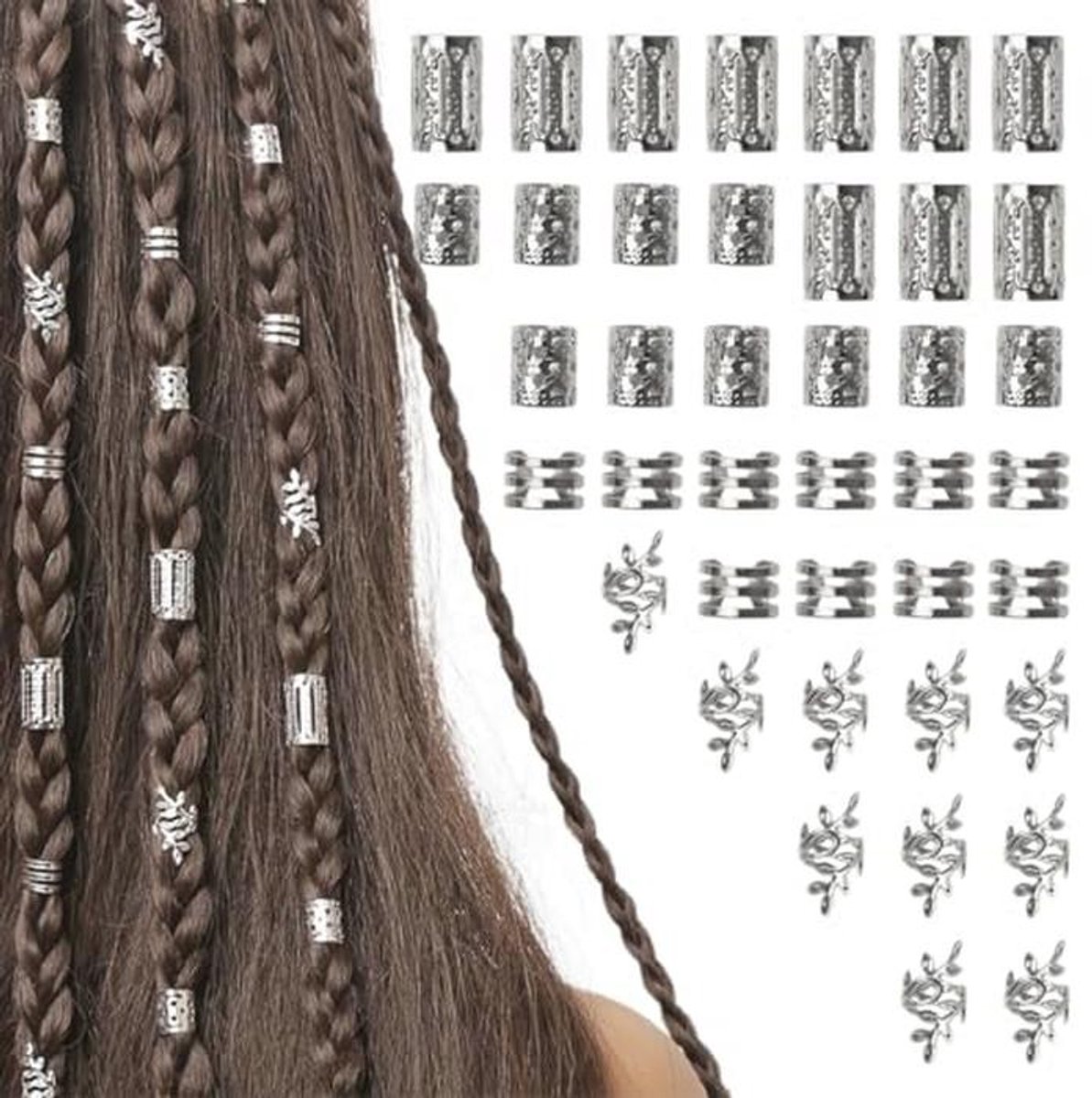 Zilveren Vlechthaarsieraden Set - 40 Stuks Haaraccessoires voor Dreadlocks en Vlechten