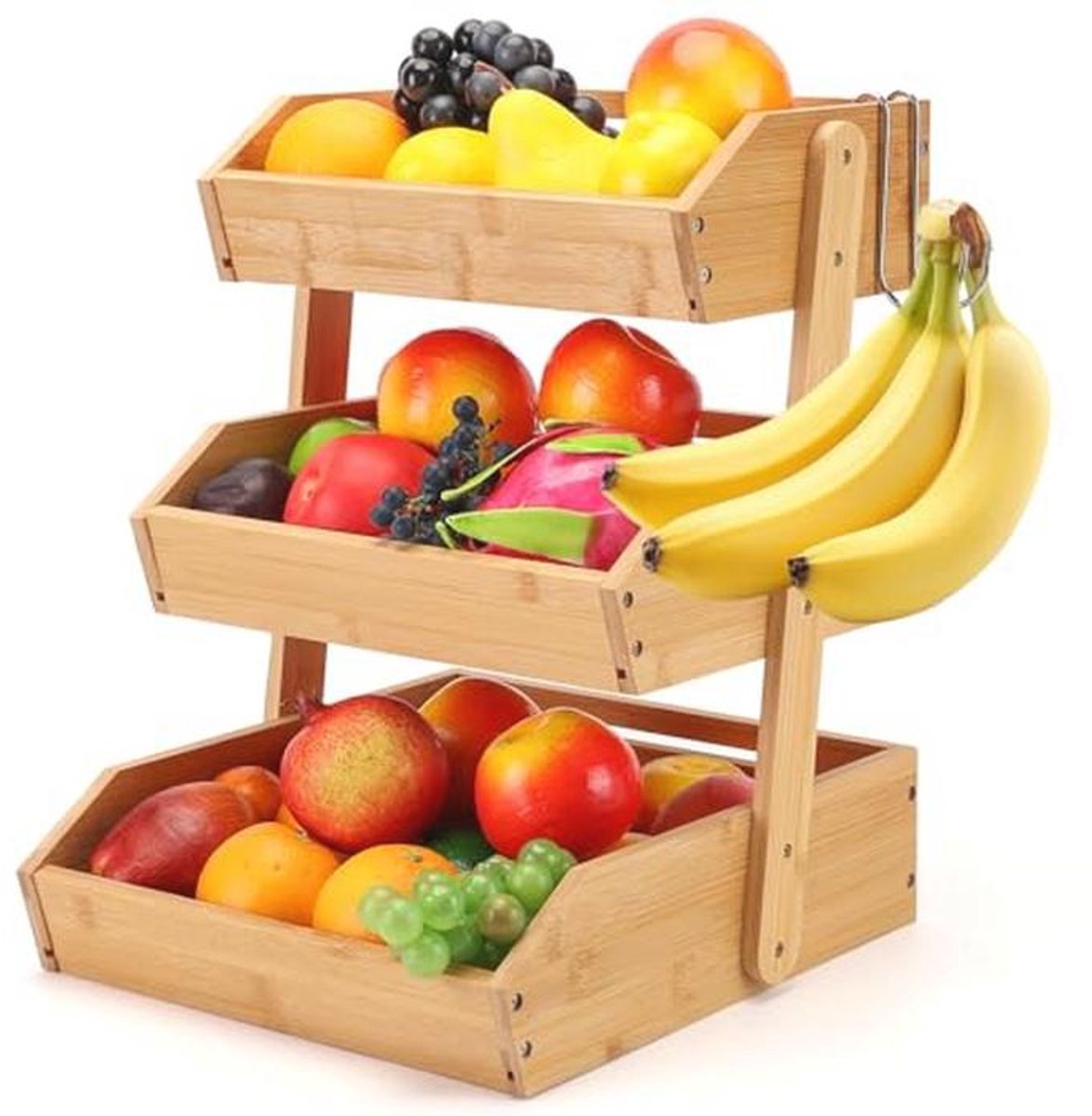 Bamboe Fruitschaal met 3 Niveaus - Grote Capaciteit Fruithouder met Bananenhangers