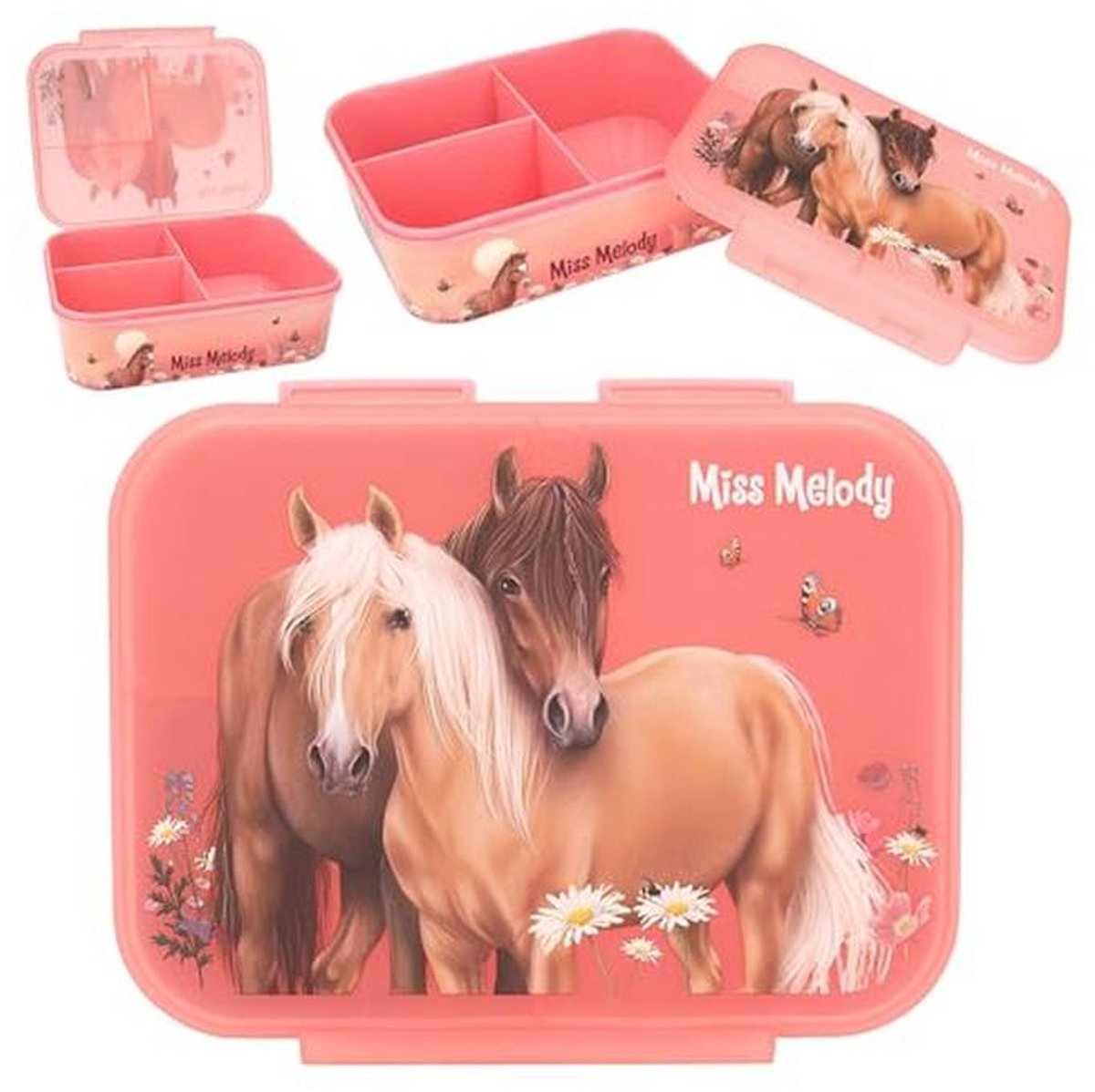 Lunchbox met paardenmotief en bloemen - Donkerroze met 3 vakken