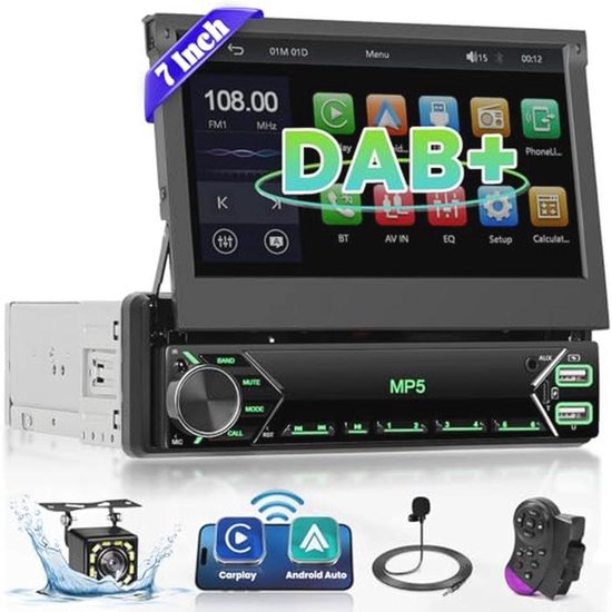 Android autoradio, 1 Din, Carplay, draadloos, Android auto, 10 inch verticale rotatie, touchscreen, auto, radio, auto, Bluettoth Single DIN GPS, navigatie, wifi, Bluetooth, FM/RDS radio, USB