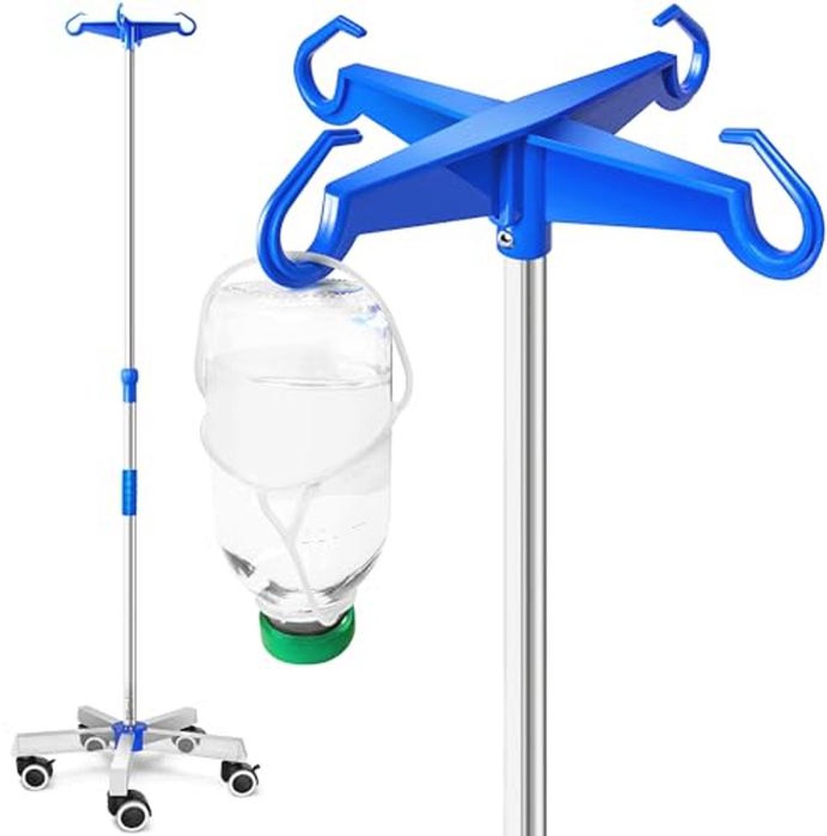 Infuuspaal Roestvrij Staal met Kunststof Haken en Zwenkwielen, Inclusief 2 Fleshouders en 24 Maanden Garantie