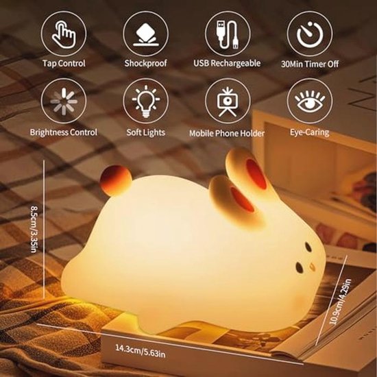 Siliconen nachtlampje voor kinderen - Dimbaar, USB-oplaadbaar, schattige bunny lamp voor kinderkamer — afbeelding 4