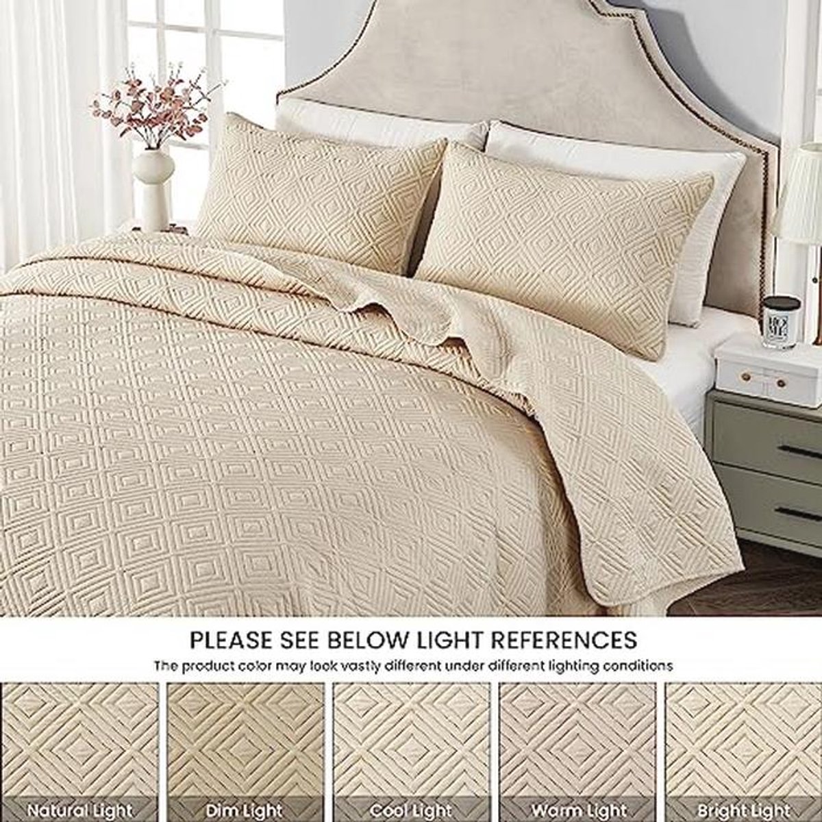 Lichte Beige Gewatteerde Bedsprei 220x240 cm - 3-delige Set voor Zomer & Winter thumbnail 3