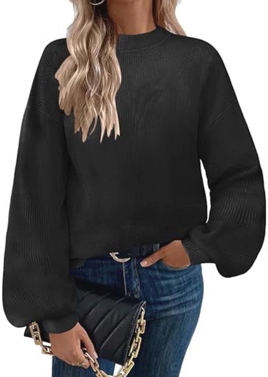 Dames Trui Gebreide Sweater Ronde Hals Lange Mouwen Casual Pofmouwen Wintertrui