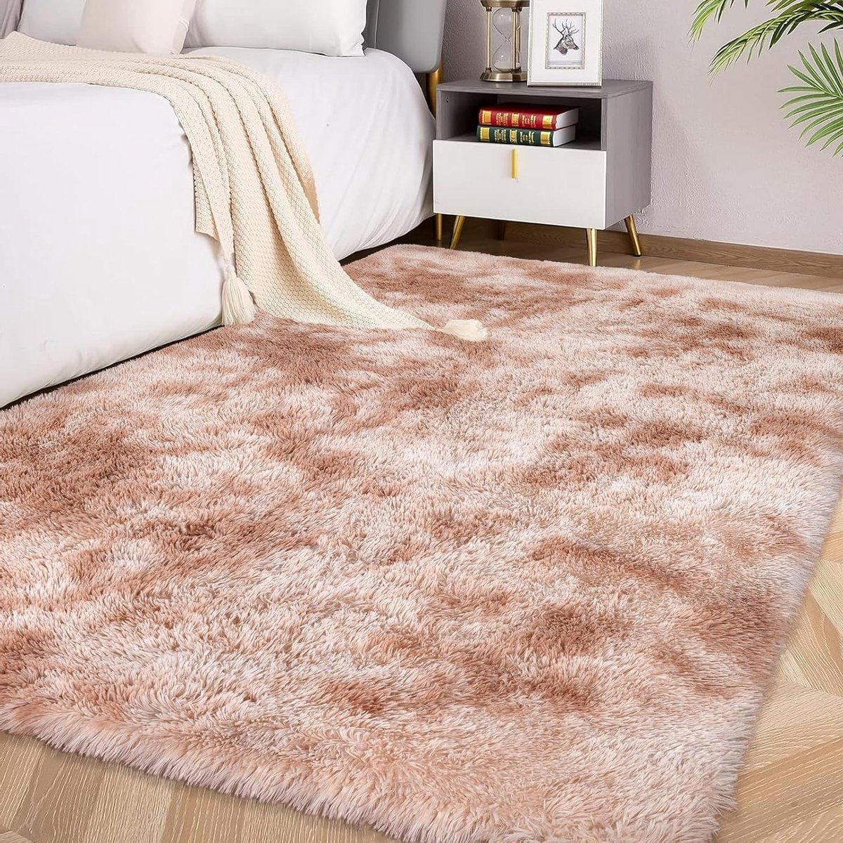 Provento - Zachte pluche vloerkleed voor slaapkamer en woonkamer, tie-dyed kameel, pluizig tapijt, 120 x 180 cm