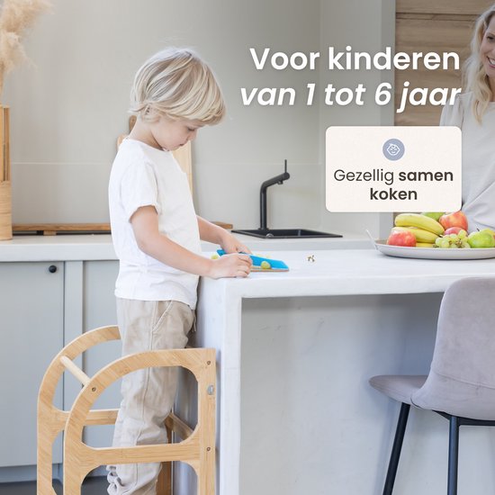 COSTWAY Montessori Leertoren vanaf 1 jaar, opstapkruk met 3 verstelbare hoogtes en krijtbord, opstapkruk, 2-in-1 keukenhulp, leerstoel voor kinderen, 70 kg belastbaar, naturel