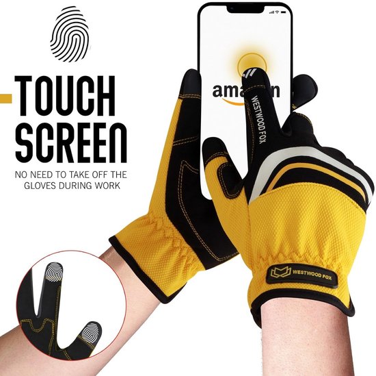 Zwarte en gele werkhandschoen die smartphone bedient met touch screen vingertoppen. "WESTWOOD FOX" logo.