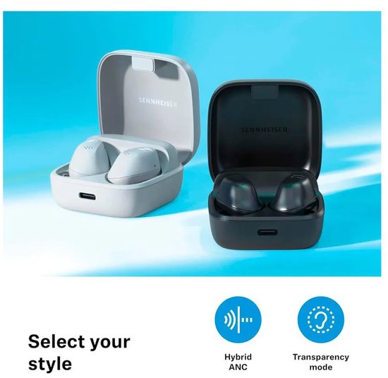 Witte en zwarte Sennheiser oordopjes in hun laadstations. Tekst: Select your style.