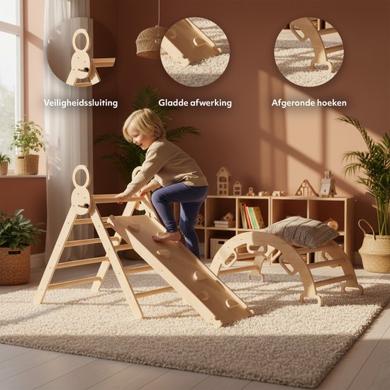 Deryan Luxe Opvouwbare Driehoek met Klimboog en Helling met Klimrek/Glijbaan - inclusief kussen - Montessori Meubels Houten Speelgym van Deryan — afbeelding 2