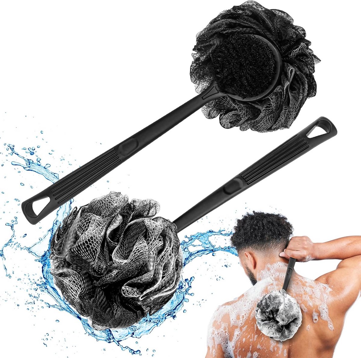 Doucheborstel met Lang Handvat & Luffa 2-Pack voor Rug & Exfoliatie