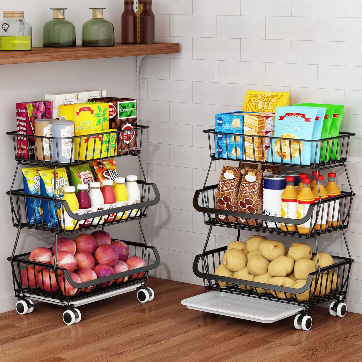 Unyqoos® Metalen verrijdbare opbergtrolley met drie lagen en draadmanden voor keuken