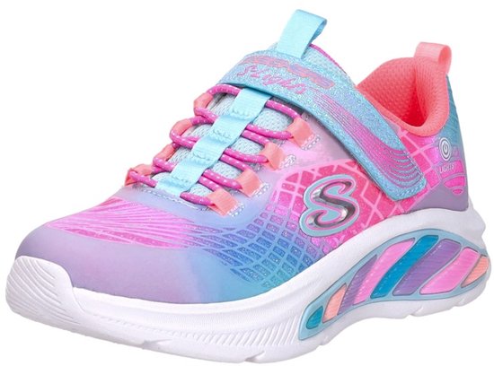 Zij-aanzicht van een blauw-roze sneaker met glitter, 'S' logo en gekleurde lichten in de zool.