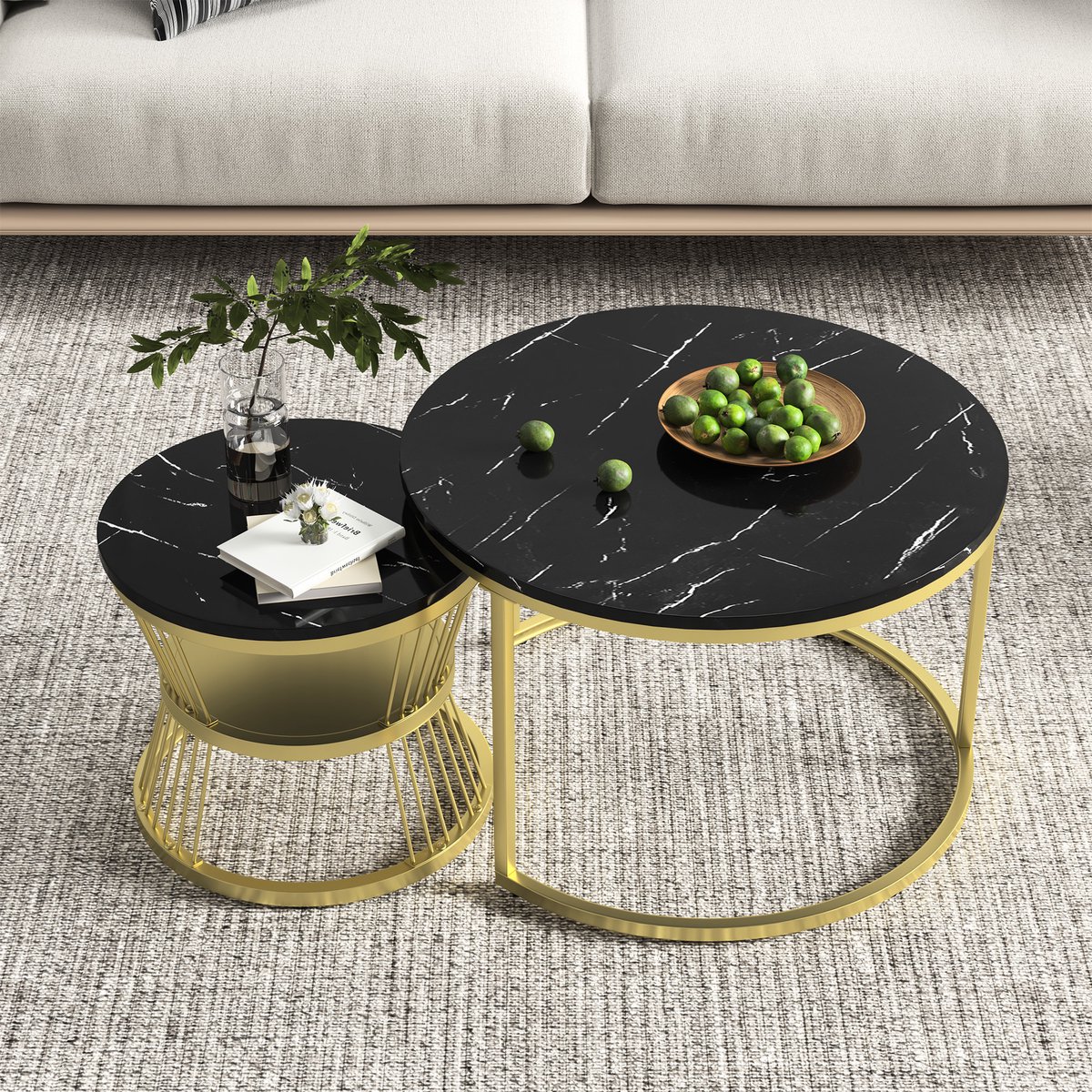 Nesttafels Set van 2 – Ronde Salontafel & Bijzettafel – Design Metalen Frame – Marmerlook Tafelblad – Moderne Woonkamer