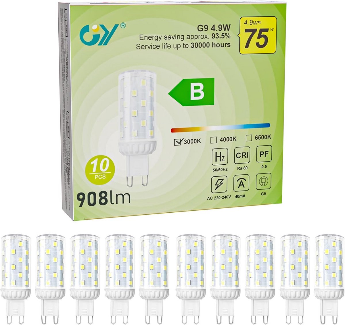 Set van 10 G9 LED Lampen Warm Wit 4,9W Vervangt 75W Hoog Rendement