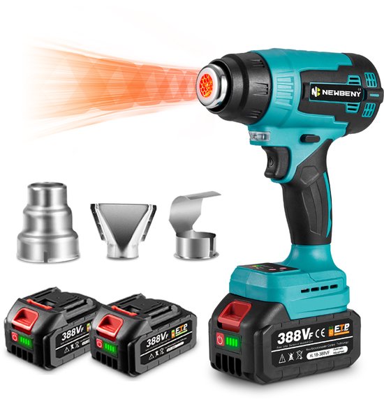 NewBeny Accu Heteluchtpistool - 50-500 °C Heteluchtpistool - 2 temperatuurstanden - met 2x Accu‘s & 5x sproeiers - Digitaal lcd-display