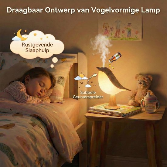 MUPOO Nachtlampje Kinderen Touch Bediening -bedlampjes leeslampjes Vogel-Draadloze Tafellamp Oplaadbaar & Dimbaar - 3 Lichtkleuren -Aromatherapie Functie - Sfeerverlichting Houtnerf Design-2 stuks van MUPOO — afbeelding 4