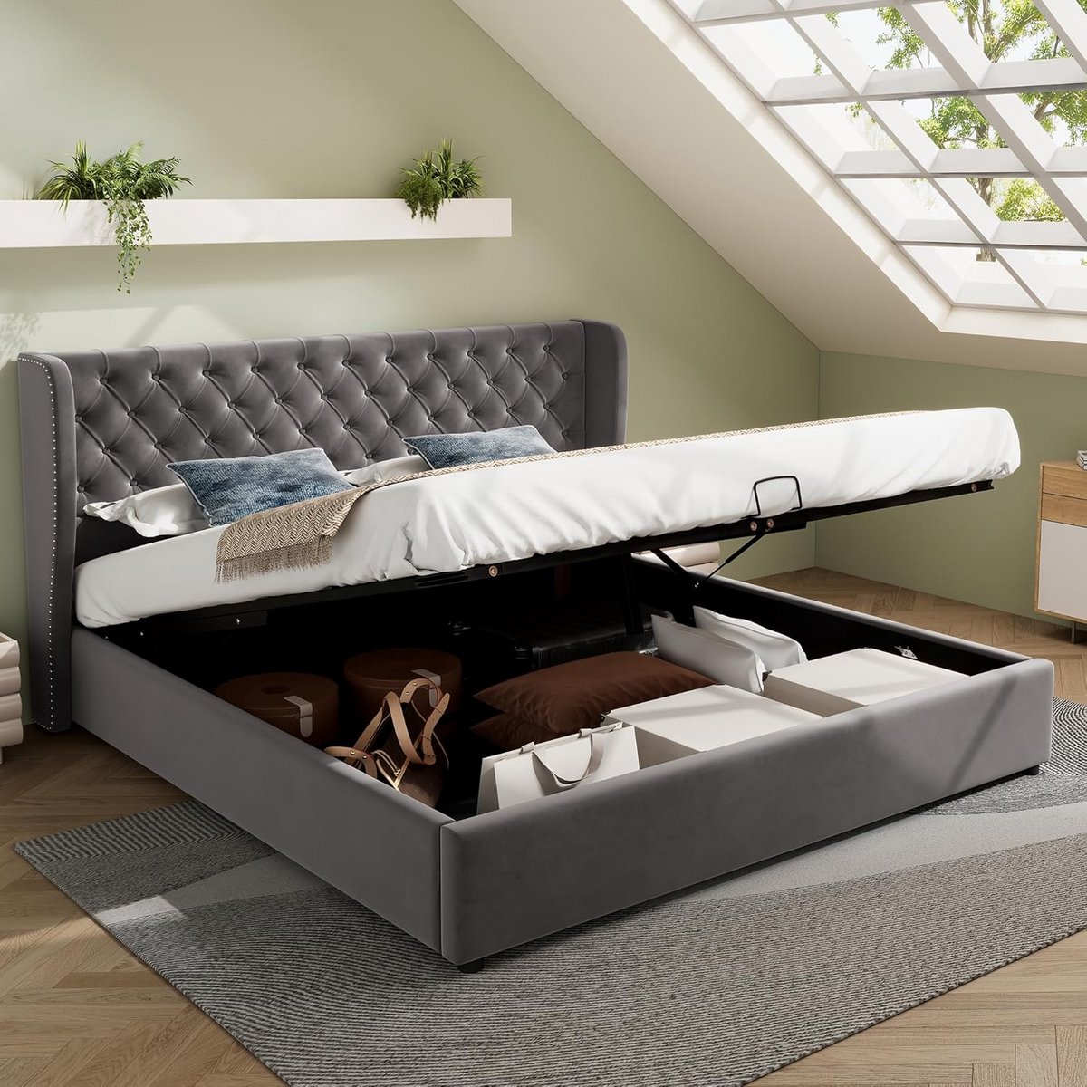 Gestoffeerd Tweepersoonsbed 160x200 met Opbergruimte en Inclusief Lattenbodem
