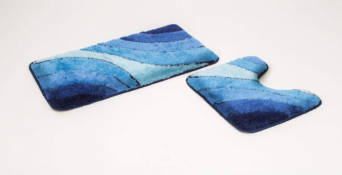 2-delige Badmatten Set Blauw Golfpatroon met Uitsnede - Antislip en Geschikt voor Vloerver