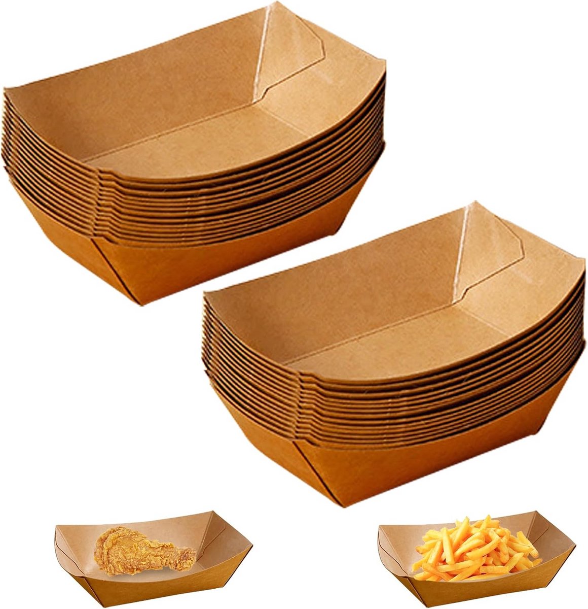 100 Wegwerpschaaltjes Bootvorm Kraftpapier voor Friet, Snacks en Macarons