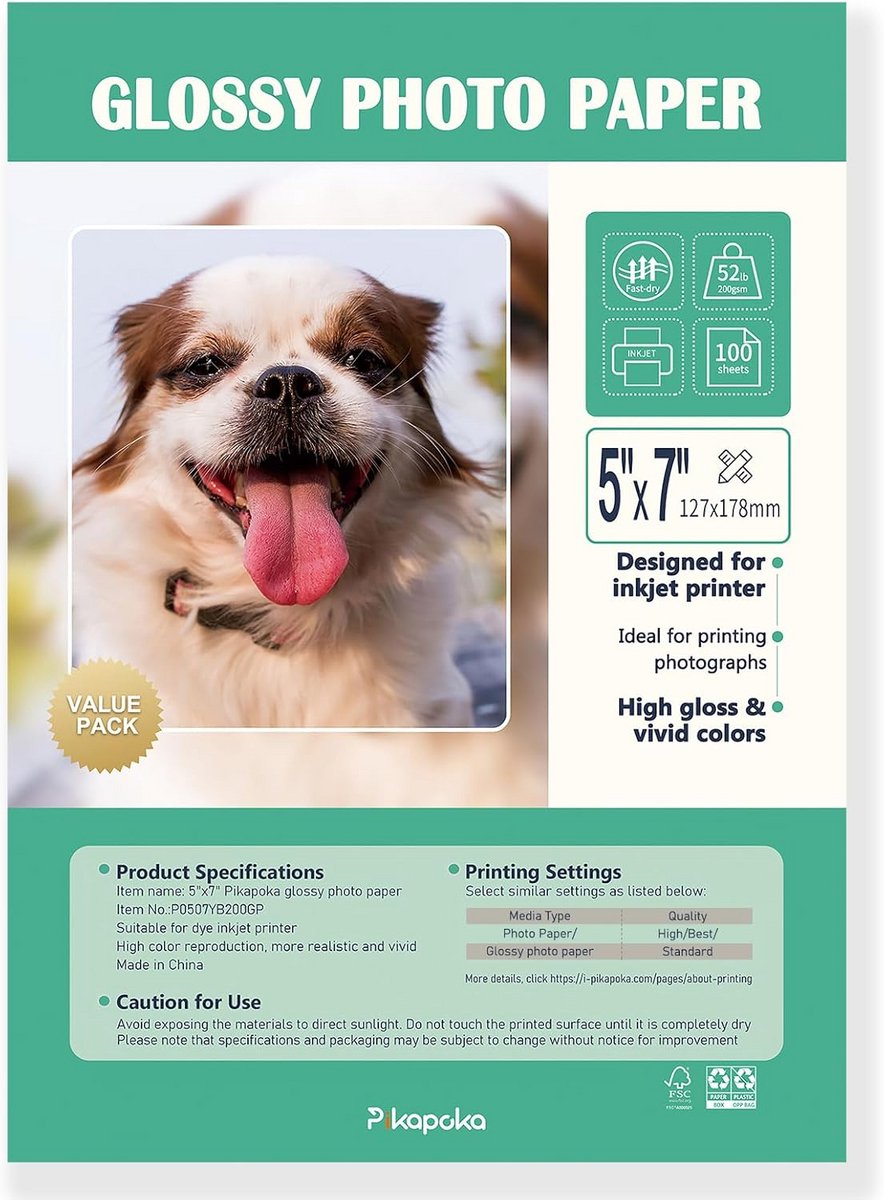 5x7 Inch Glanzend Fotopapier voor Inkjetprinter - 100 Vel 200gsm 5R