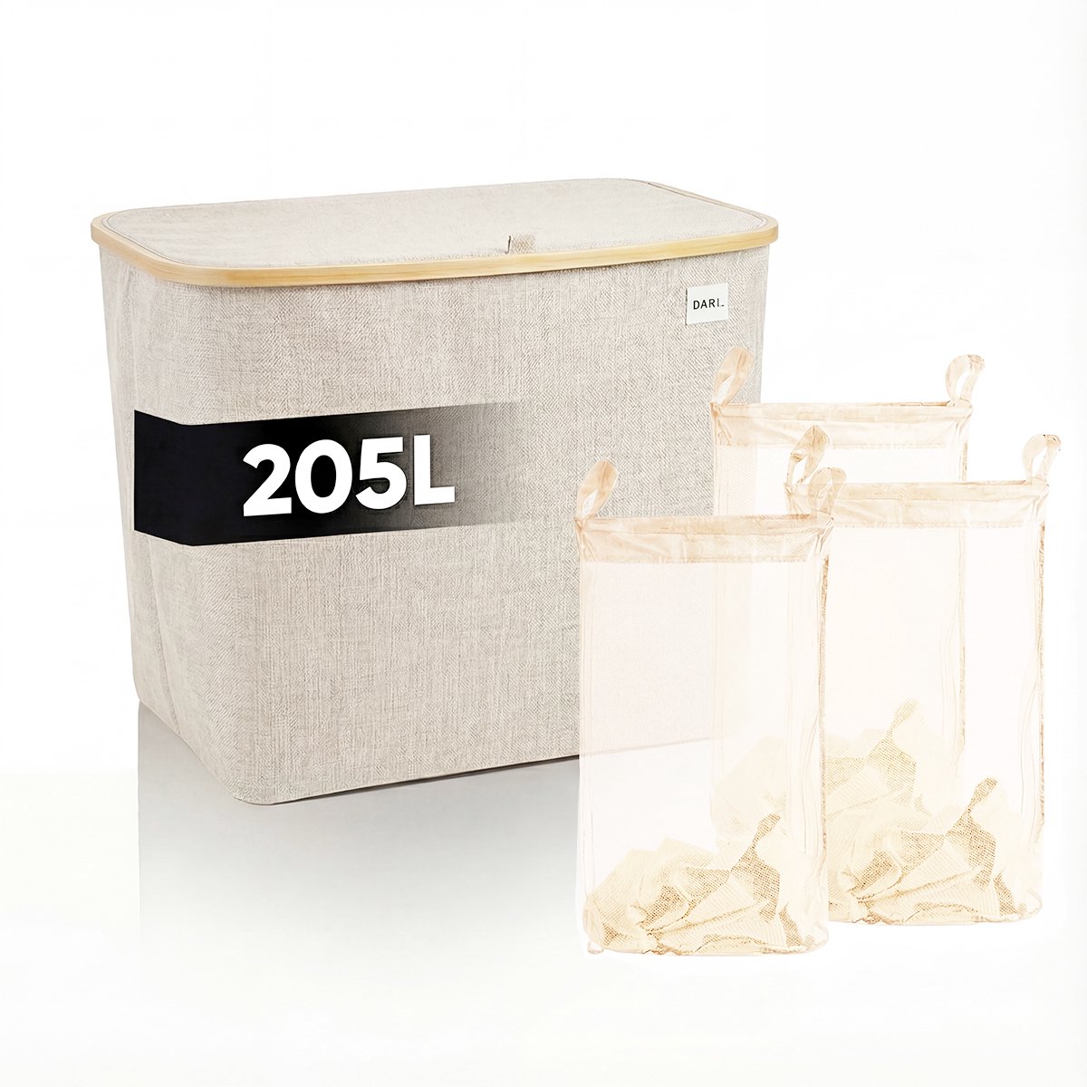 DARI. - Wasmand 3 vakken - Wassorteerder - 205L XXL - met 3 uitneembare zakken - wasmand - beige - knopen