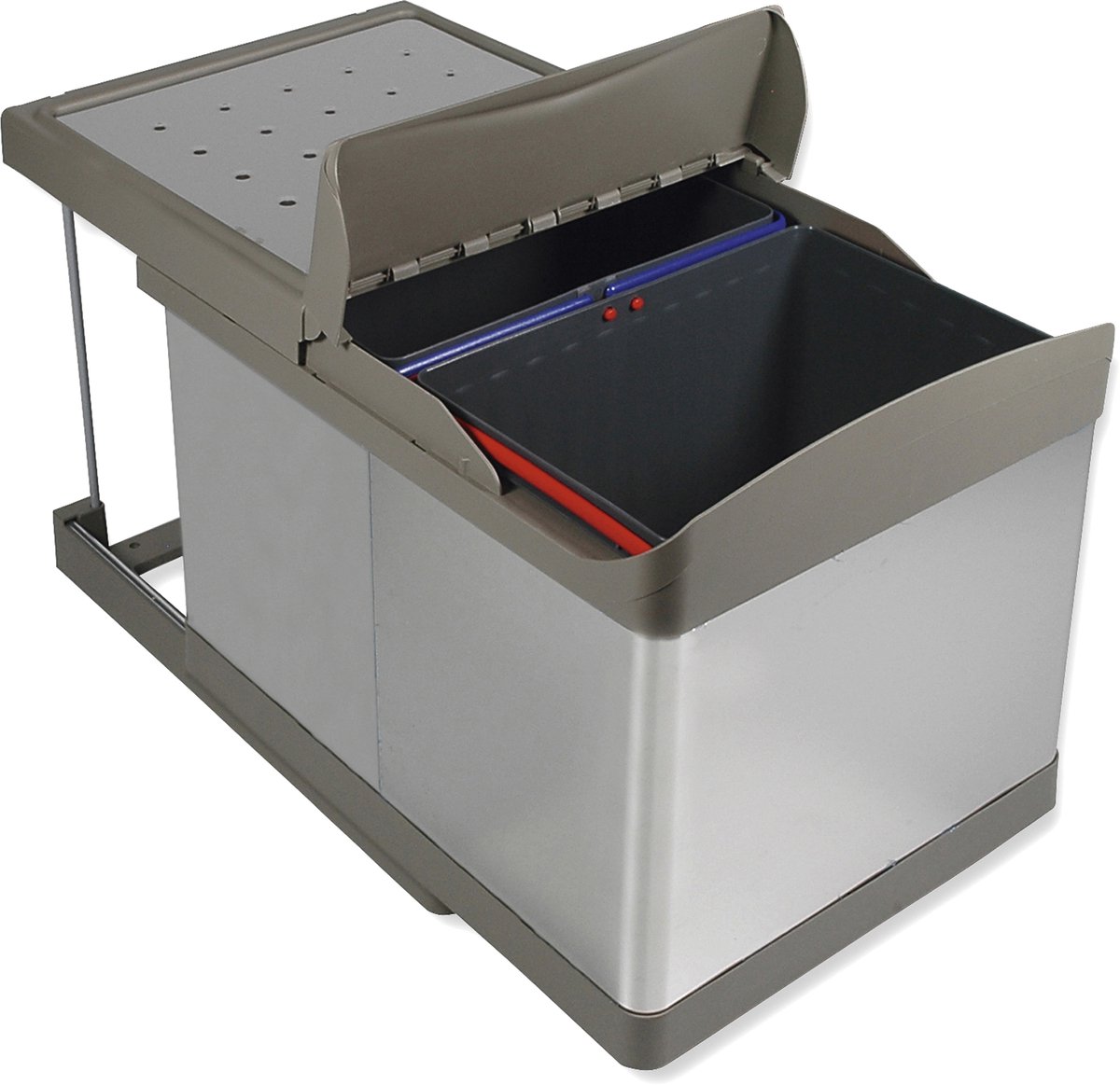Emuca Recyclingbak voor bodembevestiging en automatische uitschuifbaar in keukenblok 2x16 liter, Plastic en Roestvrij staal