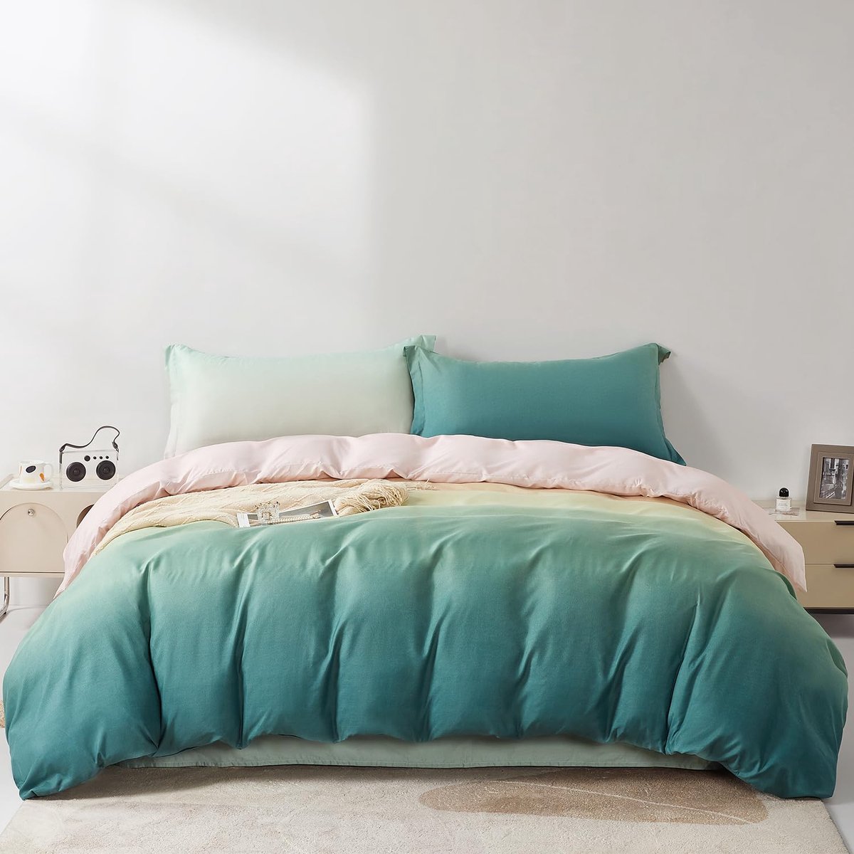 Unyqoos Moderne tweedelige microvezel beddengoedset met ombre design en ritssluiting groen roze