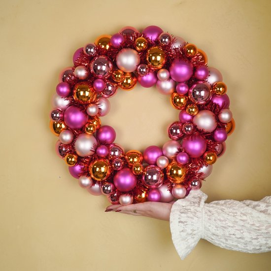 Décoration de Noël Housevitamin – Couronne de Noël en Boules de Noël – Plastique – Rose/Orange – 34x10 cm – Luxe & Incassable – Couronne de Noël Colorée