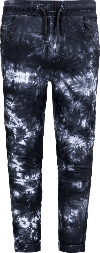 Jongens joggingbroek met tie-dye print in zwart en wit, met trekkoord in de taille.