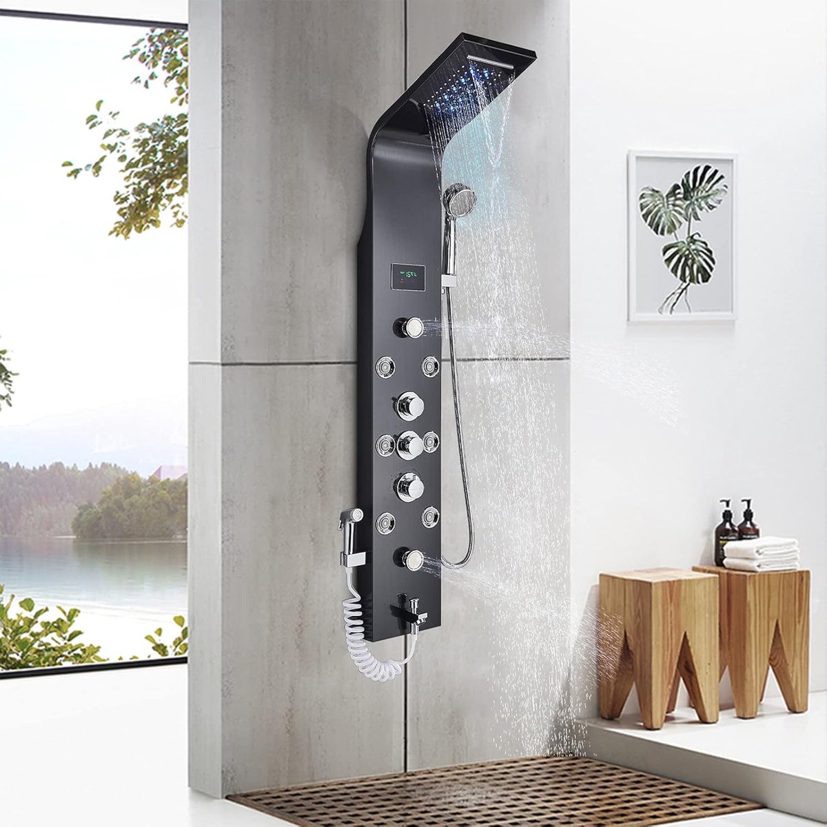 Zwart Douchepaneel met Regendouche – LED en Digitaal Scherm – Massage Stralen – Luxe Douchekolom-met handdouche-6-functies