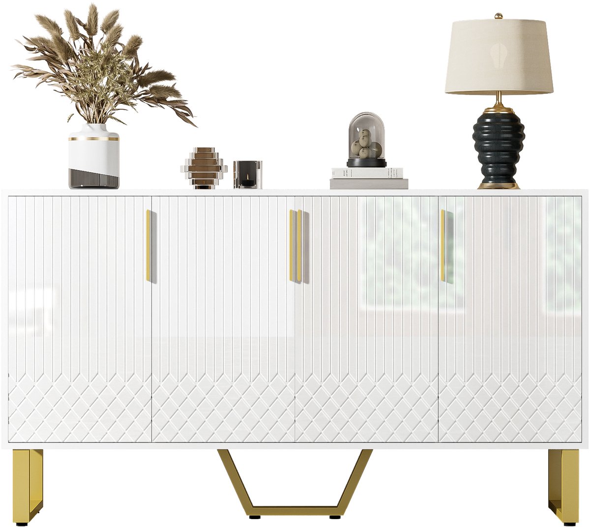 Dressoir - 140x40x80 cm - Hoogglans Dressoir Met 4 Deuren - Geometrisch Design - Metalen P